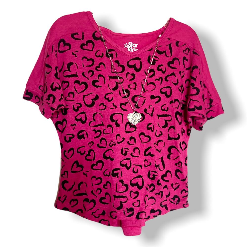 Star Ride Girls Top Size 4 Small Pink Black‎ Heart Print Necklace NEW